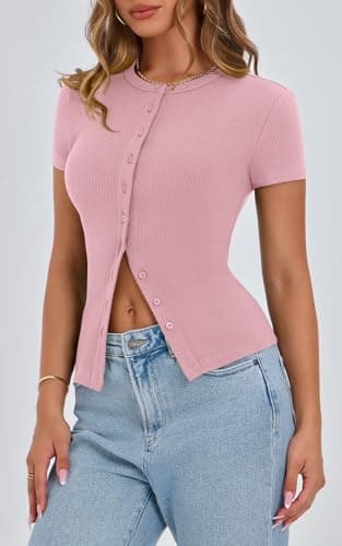PRETTYGARDEN Women's Short Sleeve T Shirts Ribbed Knit Crew Neck Summer Tops 2025 Trendy Button Up Going Out Tight Basic Tees Y2K Clothes (Pink,L) - Thumbnail 5