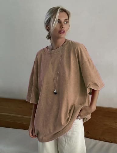 Yimoon 3 Pack Oversized Tshirts for Women Washed Vintage Baggy Boyfriend Tees Short Sleeve Unisex Cotton Tops(Greykhakibeige-M) - Thumbnail 2
