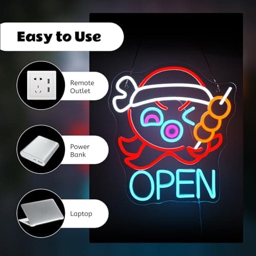 Open Neon Sign for Wall Decor Takoyaki Octopus Ball Neon Light USB Powered LED Dimmable for Japanese Street Food Shop Anime Sushi Bar Cafe Kitchen Bar Gift Japanese Culture Lover - Thumbnail 5