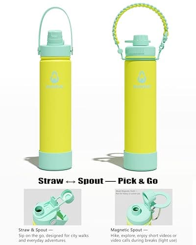 avodvo 24 oz Insulated Water Bottle with 2 Lids (2-in-1 Straw & Spout Lid, Magnetic Lid), Slim Water Bottle with Strap, Stainless Steel Water Bottle for Hiking, Gym, Travel, BPA-Free, Yellow - Thumbnail 4