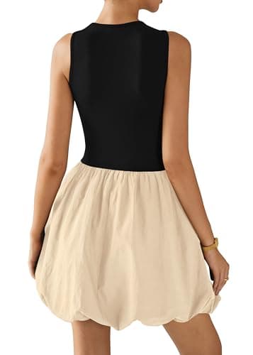 KIRUNDO Summer Bubble Dress for Women 2026 Casual Mini Spring Bodycon Cocktail Dresses Sleeveless Drop Waist Sundress Beach(Black Beige, XX-Large) - Thumbnail 2