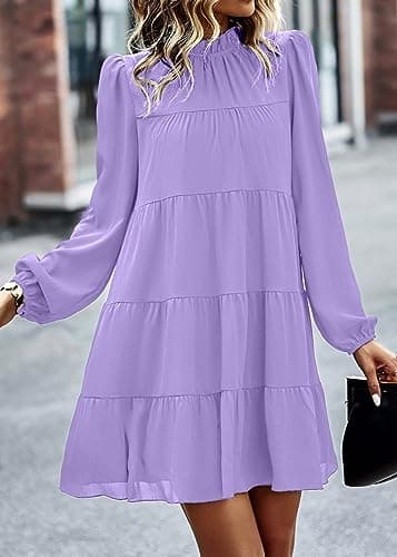KIRUNDO Long Sleeve Baby Doll Dresses Women 2026 Casual Spring Summer Ruffle Mock Neck Tiered Mini Flowy Swing Shift Dress(Purple, Large) - Thumbnail 2