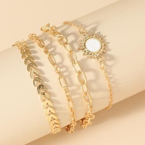 Bracelets Sets 14K Gold Plated Trendy Thin Dainty Stackable Cuban Link Paperclip Chain Leaf Sun Fashion Gifts Jewelry - Thumbnail 2