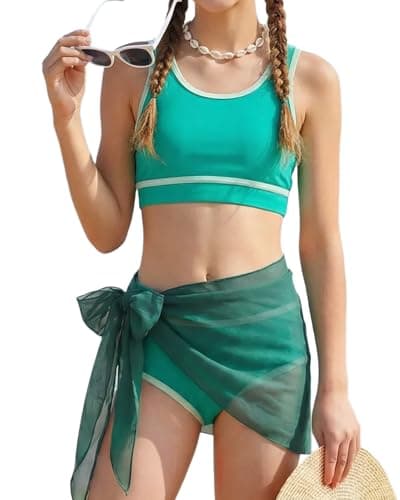 JiAmy Girls 3 Piece Swimsuit Color Block Bikini Sets Sporty Racerback Beach Bathing Suit with Cover Up Skirt Green 7-8Y - Image 1