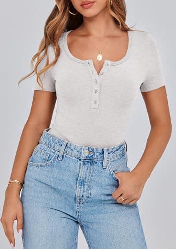 PRETTYGARDEN Women's 2026 Fall Summer Short Sleeve Tops Ribbed Henley Button Slim Fit Basic Casual T Shirts Blouse Clothing (Light Grey,X-Small) - Thumbnail 4