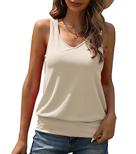 Hongqizo Women Tank Top Summer V Neck Ribbed Casual Tops Sleeveless Loose Fit Banded Bottom Camisole Beige - Image 1