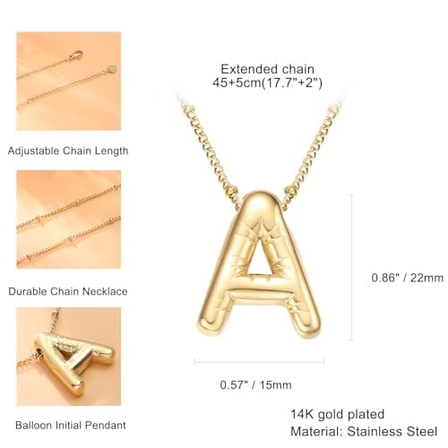BOLAGTIER Bubble Letter Necklace Gold Plated Balloon Initial Chunky Bubble Alphabet Pendant Necklace Trendy Jewelry Gift for Women (I, Gold) - Thumbnail 3