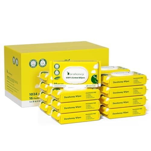 Dorahoney 100% USA Cotton Baby Wipes for Sensitive Skin, 99% Purified Water Unscented Wet Wipes, Hypoallergenic & Plastic-Free, 1024 Count (16 Flip-Top Packs of 64) - Image 1