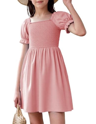 JiAmy Girls Dresses Summer Short Sleeve Ruffled Puff Sleeves Square Neck Smocked Casual Dress Pink 9-10 Years - Image 1