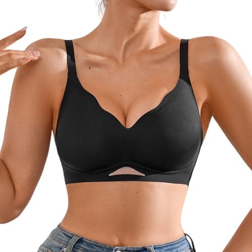 DEANGELMON Scalloped V Neck Wireless Bras for Women Seamless No Underwire Full Coverage Push Up Bras Soft Comfort Bralettes(Black,XXXL) - Image 1