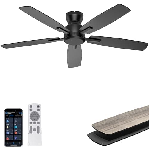 Ohniyou 52 Inch Ceiling Fan No Light, Low Profile Ceiling Fan with Remote and App Control, Flush Mount Ceiling Fan without Light for Bedroom Living Room Covered Patios, Quiet DC Motor, Black