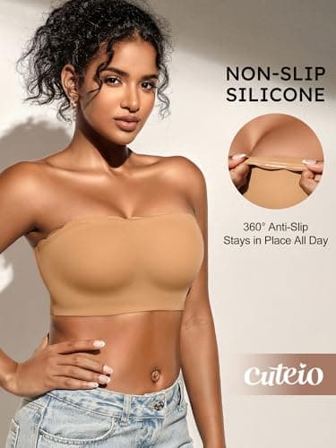 Strapless Bras for Women - S-XL Unlined Bandeau for Natural Shape, Wireless Pull-On Bra, Comfy Seamless Bralette No Underwire (Skin L) - Thumbnail 2
