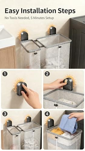 Wall Mounted Laundry Hamper, No Drilling Foldable Dual Compartment with Breathable Mesh, Large Capacity Detachable Laundry Bags for Small Apartments, Dorms & Bathrooms, Space-Saving Heavy-Duty - Thumbnail 6