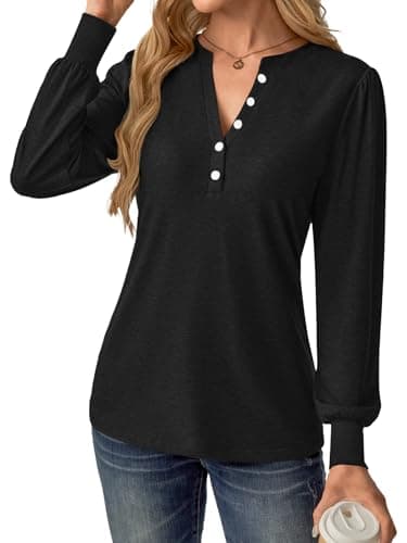 GKBK Women's Puff Long Sleeve Tunic V Neck Button Blouses Fall Tops Trendy Dressy Casual Business Henley Shirts Black XL - Thumbnail 5