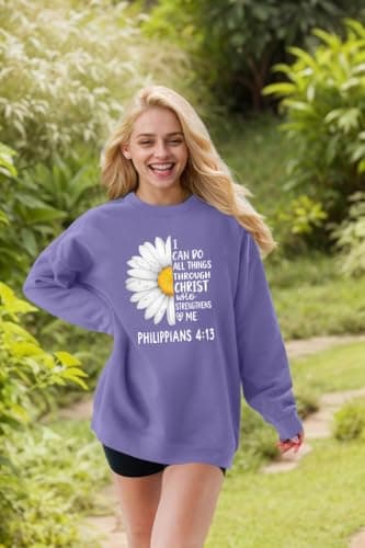 Ladicme Christian Sweatshirts For Women Oversized I Can Do All Things Daisy Graphic Pullover Top Casual Loose Fit Tops Purple - Thumbnail 2