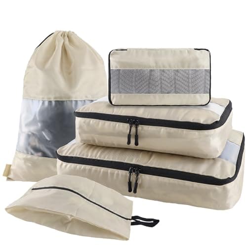 U+U 5 Set Packing Cubes for Travel Essentials Ultralight Luggage Packing Organizers with Laundry Bag and Shoe Bag for Vacation, Business Trip and Camping (Cream) - Image 1
