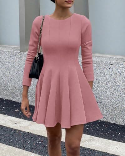 BTFBM Spring Dresses for Women 2026 Long Sleeve High Waist Pleated Flowy Aline Party Wedding Guest Dress Business Casual(Pink, Small) - Thumbnail 2