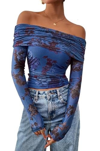 PRETTYGARDEN Womens Tops 2026 Spring Off The Shoulder Long Sleeve Fitted Y2k Shirts Floral Ruched Mesh Going Out Outfits(Floral Blue,X-Large) - Image 1