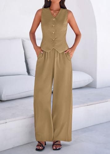 KIRUNDO Business Casual Outfits for Women Vest Tops Pant Suits Dressy 2 Piece Sets Summer Crop Blazer Wide Leg Work Pants(Khaki, Medium) - Thumbnail 6