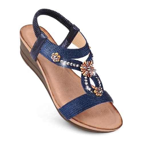 Goldnut Navy Blue Wedge Sandals for Women Dressy, Woman's Sandal Comfortable Navy Blue Low Wedges Heels Ankle Elastic Strap Sandles with Flower Rhinestones Size 9 - Image 1