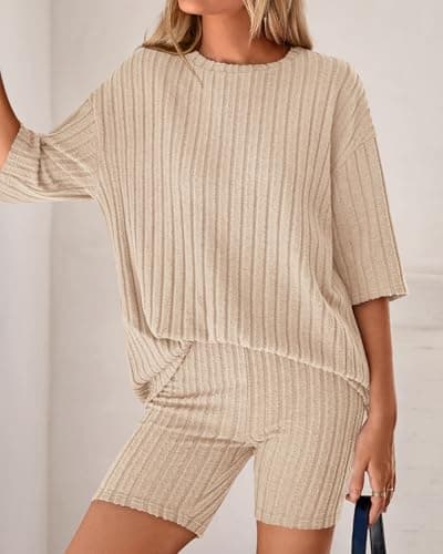 KIRUNDO Short Sets For Women Summer 2 Piece Matching Lounge Sets Casual Rib Knit Tshirts Biker Shorts Beach Vacation Outfits (Beige, Medium) - Thumbnail 6