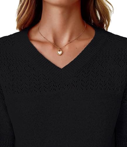 NORACORA Women's V Neck Fall Sweaters Crochet Soft Lightweight Ribbed Knit Loose Pullover Sweater Long Sleeve Tops 2025 Trendy Outfits Black - Thumbnail 5