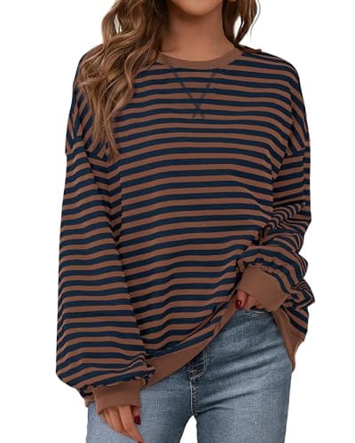BTFBM Womens Oversized Striped Sweatshirt 2026 Spring Crewneck Long Sleeve Pullover Top Casual Y2K Clothes Workout Shirt(Brown Navy, Medium) - Image 1