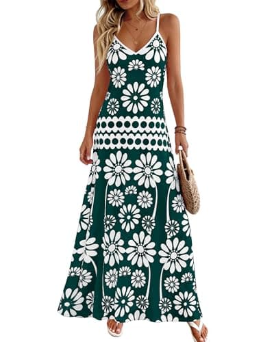 Zenlonr Womens Summer 2026 Wedding Guest Maxi Dresses Sphagetti Strap V Neck Floral Boho Long Dress Vacation(Green White Flower,XX-Large) - Image 1