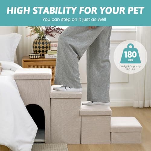 Dog Stairs with Storage, 4-Step Wider Sturdy Dog Steps for Small/Medium/Large Dogs and Older Cats, Doggie Ramp with Condo for Bed/Couch/Car Hold Up to 180 lbs (22.6" H, Beige) - Thumbnail 3