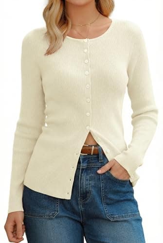 Arach&Cloz Women's Summer Button Down Cardigan Sweaters Lightweight Soft Wool Blend Open Front Business Office Casual Knit Tops Outfits 2026 Spring Clothes White L - Image 1