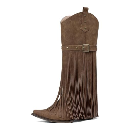 Grakihily Fringe Cowgirl Boots for Women Retro Square Toe Side Zipper Block Chunky Heel Tassel Country Concert Outfits Mid Calf Western Cowboy Boots,Light-Brown Size 7 - Image 1