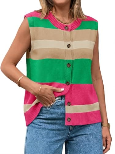 Tankaneo Womens Color Block Striped Sweater Vest Tops Summer Casual Button Up Knit Sleeveless Cardigan Tank Tops Hot Pink - Image 1