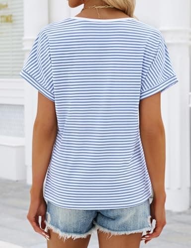 Short Sleeve Tops for Women Striped Henley T-Shirts V Neck Dressy Casual Button Front Blouses Summer Trendy Dolman Sleeve Tee Shirts 2026 (Blue, Small) - Thumbnail 5