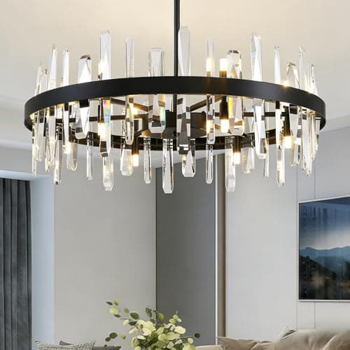 APBEAMLighting 31.5in Modern Black Entryway Chandelier for Foyer, 12 Lights Round K9 Crystal Chandelier 2-Tier Pendant Light Fixture Ceiling Lighting 3-Color for Dining Room Living Room Kitchen Island - Image 1