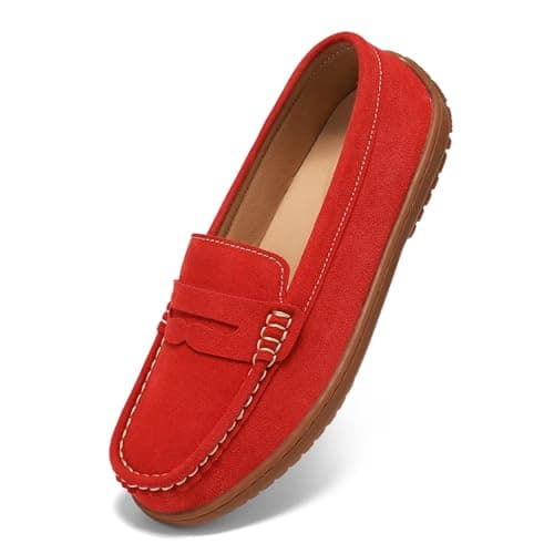 BEAUSEEN Women's Penny Loafers Slip-On - Lightweight Breathable Suede Driving Moccasins,Cute Business Casual Dress Shoes for Work & Travel Red, 9 US - Image 1