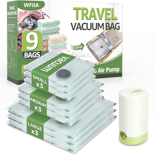Vacuum Bags for Travel with Rechargeable air Pump, 9 Packs of 3 Sizes Vacuum Seal Bags for Clothing (9 Combo Set)