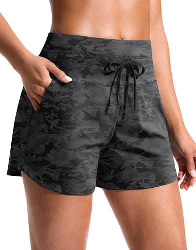 Soothfeel Women's Athletic Running Shorts with Pockets 3.5" Quick Dry High Waisted Workout Active Gym Shorts for Women Black Camo L - Image 1