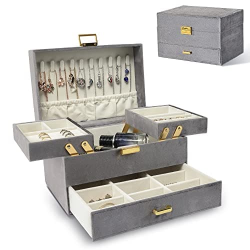 Dajasan Jewelry Organizer Box, Large Velvet Jewelry Boxes for Women Girls, Compact 3 Layers Jewelry Storage Case with Drawer, Movable Metal Stand, Modern, Gift Idea (Grey) - Image 1