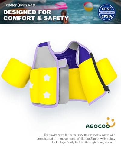 AEOCOO Toddler Swim Vest 20-30-50-70 Pounds, Kids Pool Floaties for 1-2-3-5-7-9 Years Old, Comfortable Wear Bright Float Jacket with Water Ring, Unpadded Side for Arm Comfort, Boys, Girls, Purple - Thumbnail 2