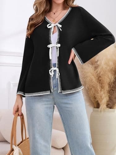 JUYUEO Womens Front Tie Cardigan Bow Sweaters Trendy 2025 Fall Long Sleeve V Neck Chunky Cardigans Open Front Knit Sweater Outfits Black M - Thumbnail 2