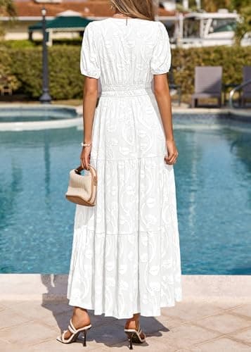 KIRUNDO Womens Boho Maxi Dress Summer Short Sleeve V Neck Floral Flowy A Line Formal Wedding Guest Baby Shower Long Dresses(White, X-Large) - Thumbnail 5