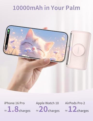 RORRY PalmGo Portable Charger, 10000mAh Small Power Bank with Built-in USB C Connector, 3-in-1 22.5W Fast Charging Battery Pack for iPhone 17/16/15 Pro/Max, Apple Watch Ultra/11/10/SE, iPad, Pink - Thumbnail 2