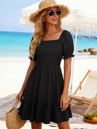 Berydress Black Dresses for Women 2026 Summer Boho Beach Vacation Clothes Square Neck Babydoll Short Sleeve Mini Sun Dress with Pockets(M,6295-Black) - Thumbnail 5