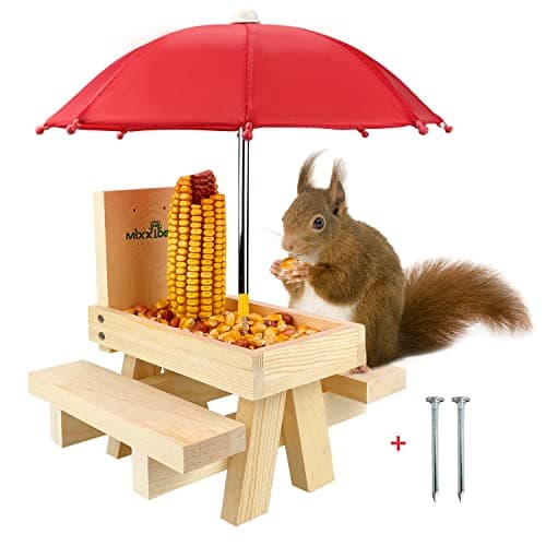 MIXXIDEA Squirrel Feeder Table with Umbrella, Wooden Squirrel Picnic Table Feeder, Sturdy Squirrels Feeder Corn Cob Holder, with Solid Structure and 2 x Thick Benches(1pk) - Image 1
