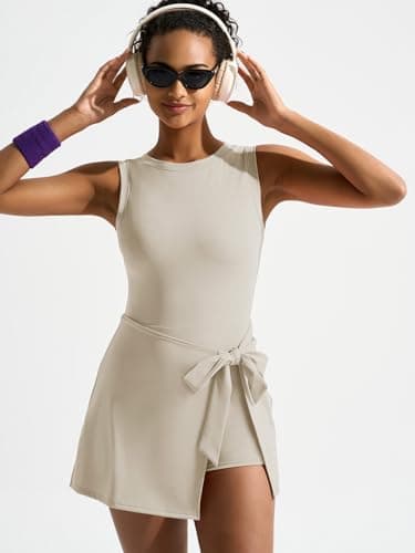 Dokuritu Womens High Neck Tennis Dress Sleeveless Wrap Skirt Built in Shorts Golf Athletic Dress Workout Rompers Light Apricot - Thumbnail 3