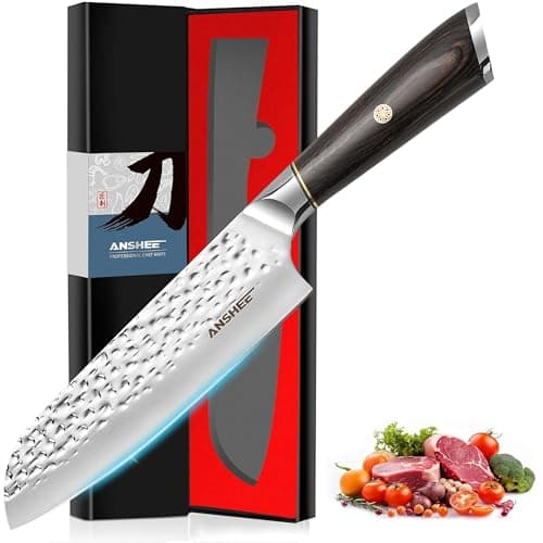 anshee 7 Inch Japanese Santoku Knife - Hammered Finish High-Carbon Stainless Steel Precision Cold Forged Chef Knife with Wood Handle, Multipurpose Kitchen Knife for Slicing Meat, Vegetables, Fruits - Image 1