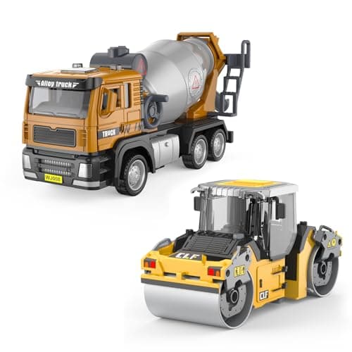 ADTHLIER 2 Pack-Cast Construction Toy Set, 1:50 Cement Mixer Truck Road Roller, Realistic Functional Engineering Vehicles for Kids 3-9