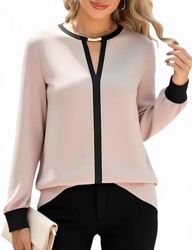 SOFIA'S CHOICE Work Tops for Women Business Casual Long Sleeve Dressy Blouse Corporate Outfits Shirts Khaki and Black X-Large - Image 1