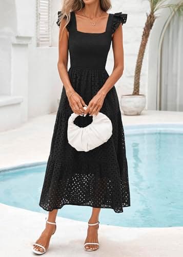 Lazysmile Womens Summer Maxi Dress Square Neck Ruffle Cap Sleeve Hollow Out Eyelet Smocked Tiered A Line Boho Sundress Black - Thumbnail 5