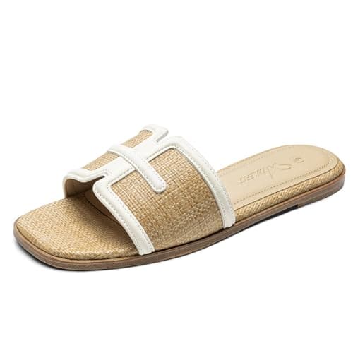 Athlefit Raffia Flat Sandals for Women Comfortable Square Open Toe Slip On Summer Beach Casual Slide Sandals Natural Size 7 - Image 1